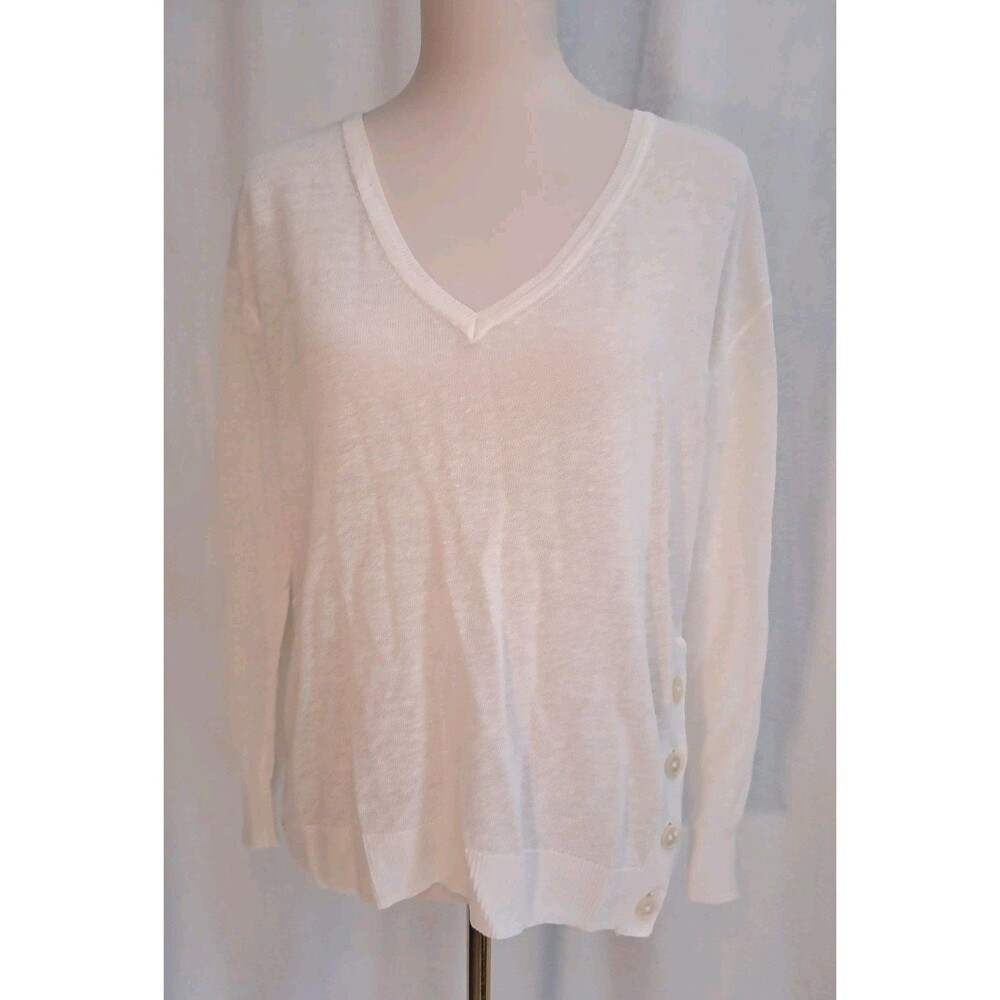J. Crew Linen Viscose V-Neck Sweater Side Buttons White Lightweight Size S
